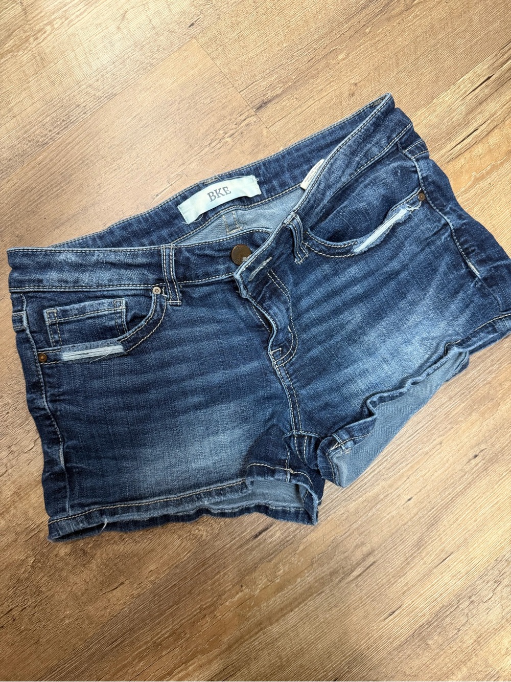 BKE Women's Dark Blue Distressed Denim Shorts